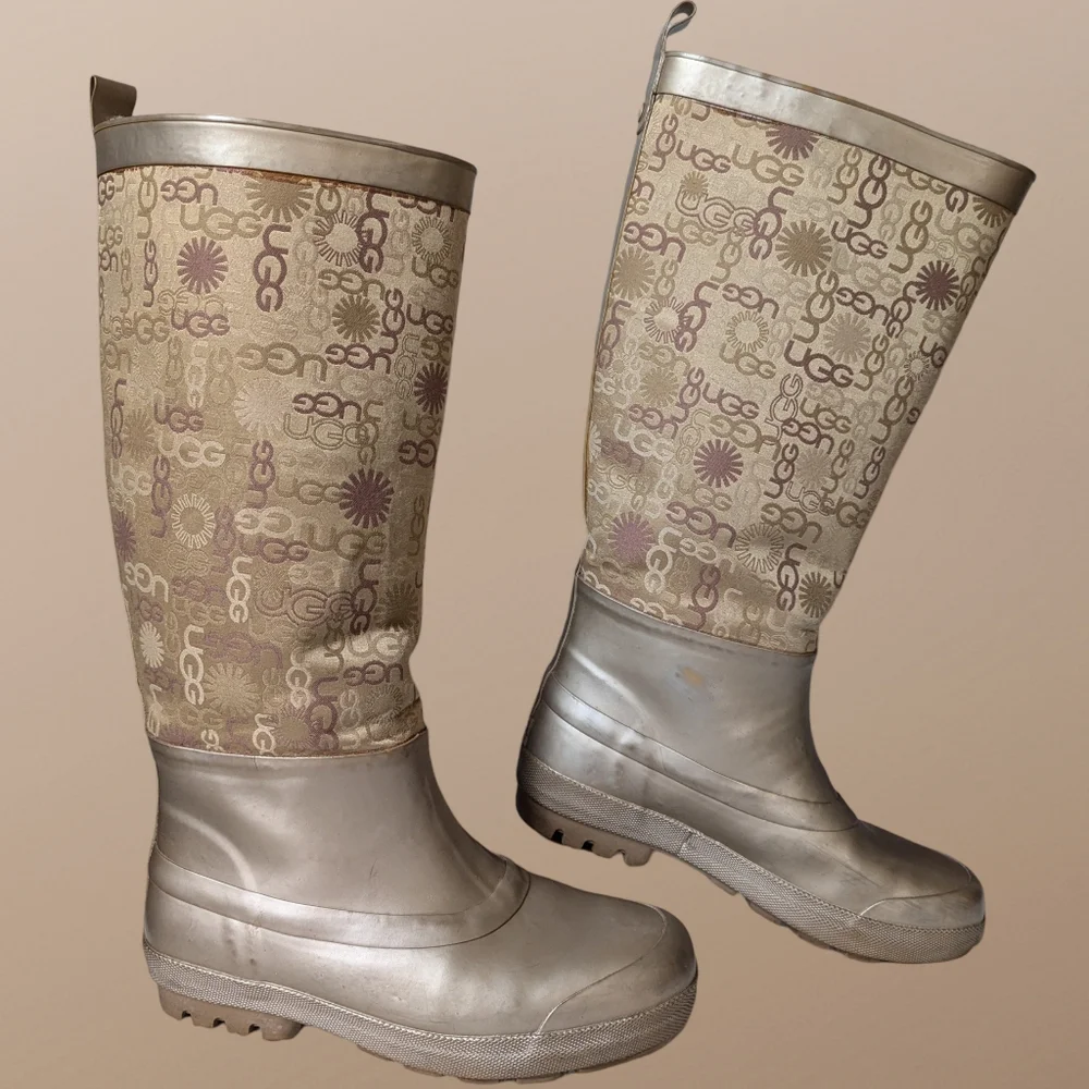 VTG Y2K UGG Wallingford Wellies Gold Sheepskin Logo Print Rain Boots Women's 7 - Picture 2 of 14